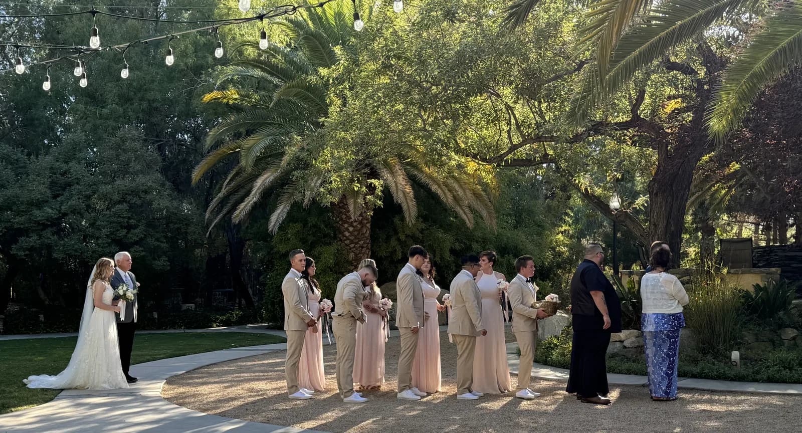 A bridal party gathered on the courtyard beneath the palms in golden light